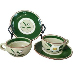 Svc for 2 Stangl Pottery Star Flower Tea Cups & Saucers Green MCM Red Clay C3